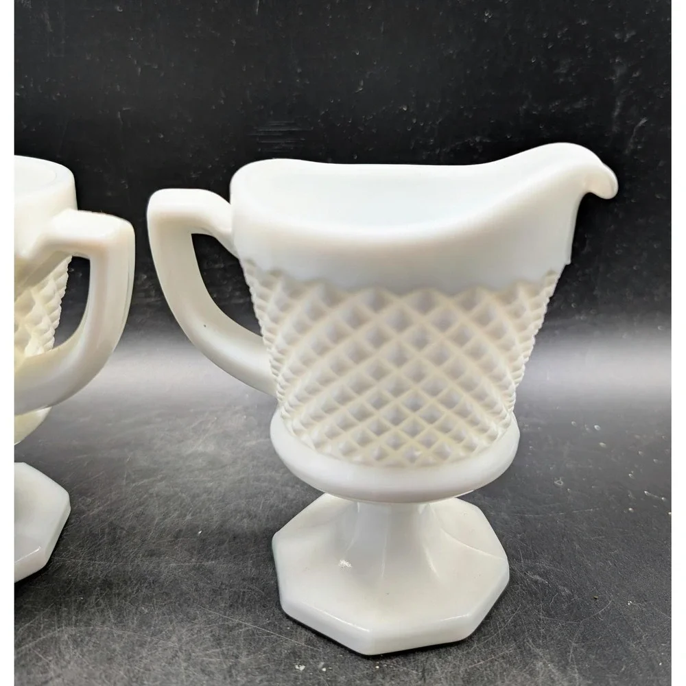 Vintage Westmoreland White Milk Glass Creamer and Sugar Bowl Set Diamond Pattern
